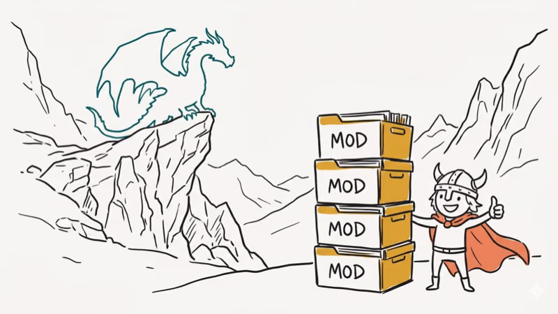 Skyrim dragon silhouette on cliff with stack of MOD boxes and adventurer giving thumbs up