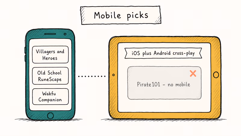 Hand-drawn phone and tablet showing three Wizard101 alternative games available on iOS and Android.