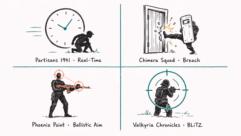 Hand-drawn comparison of four distinct combat systems including ballistic aiming and breach mechanics