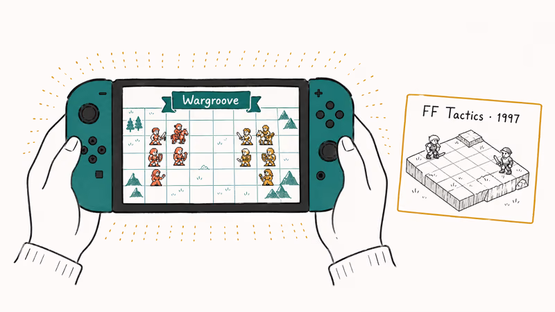 Hand-drawn scene of Nintendo Switch handheld displaying pixel-art tactics battlefield beside Final Fantasy Tactics card