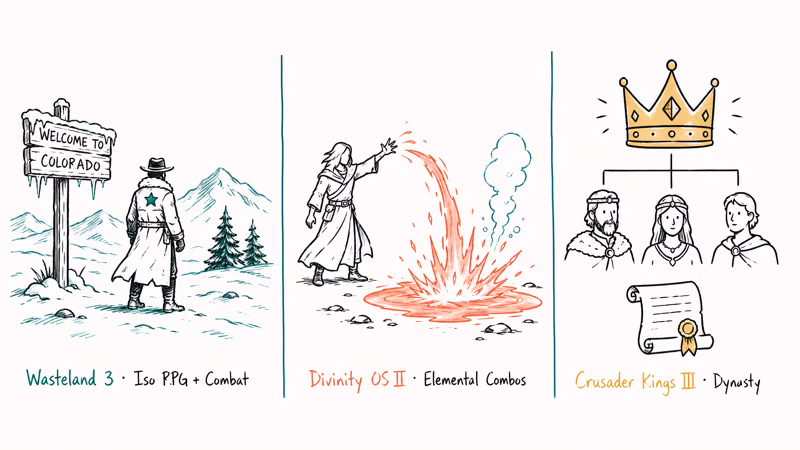 Hand-drawn triptych of three RPG tactics games: snowy Colorado, elemental combat, and medieval dynasty