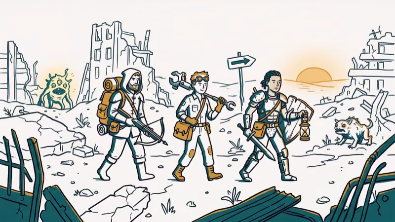 Squad exploring post-apocalyptic wasteland with ruins and creatures