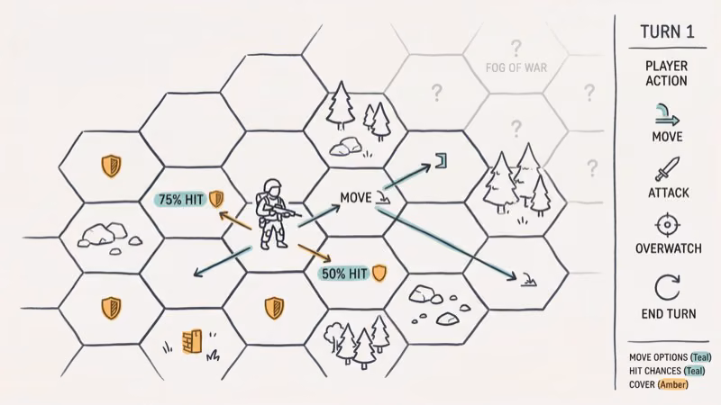 Tactical grid battlefield showing soldier movement and cover indicators