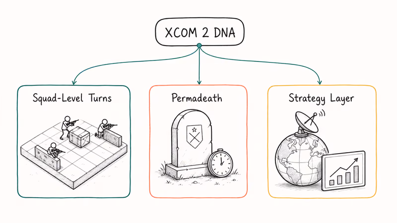 Hand-drawn diagram of three XCOM tactical pillars: squad combat, permadeath, and strategy layer