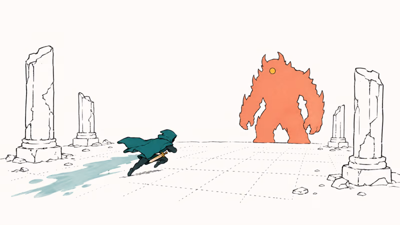 Cloaked indie hero mid-dash with glowing trail facing a coral boss in ruined arena.