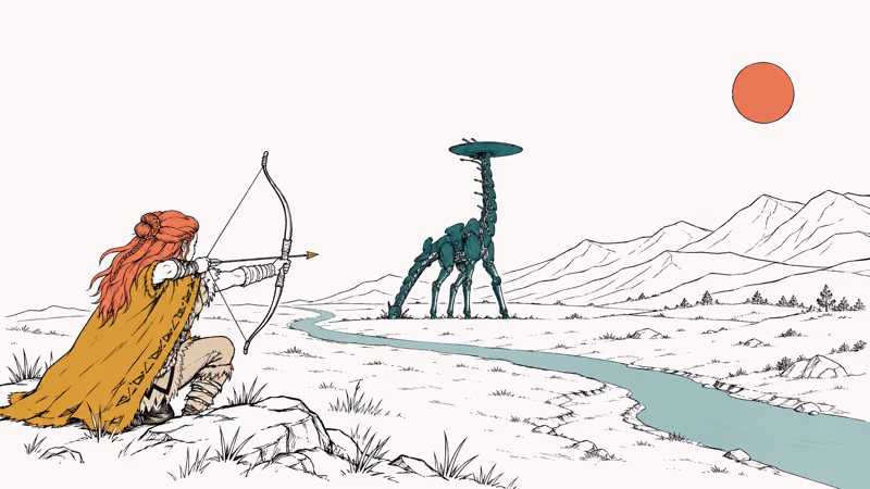Hunter aiming bow at long-legged robotic dinosaur across a hand-drawn open world plain.
