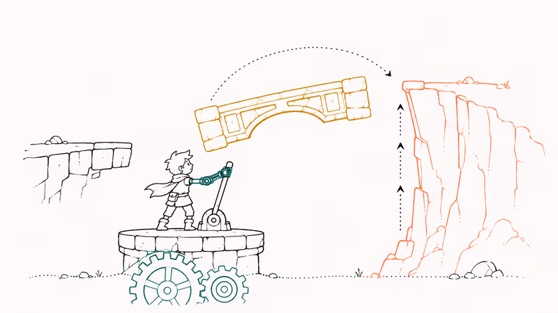 Small mechanical-armed hero pulling lever as bridges and cliffs rotate into place around them.