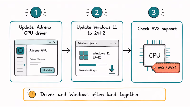 Three-step fix strip updating Adreno driver, Windows 11 24H2, and AVX support for crashing games