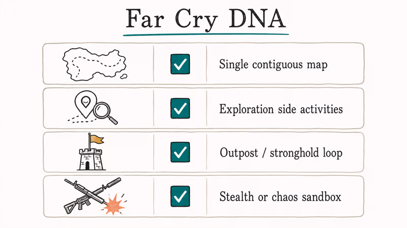 Hand-drawn checklist of four Far Cry traits including map outpost loop and sandbox combat