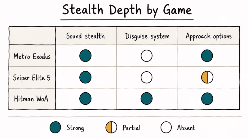 Hand-drawn matrix comparing Metro Sniper Elite and Hitman stealth features