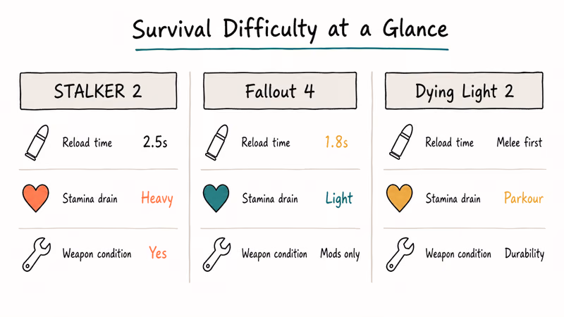 Hand-drawn chart comparing reload stamina and weapon condition across three survival games