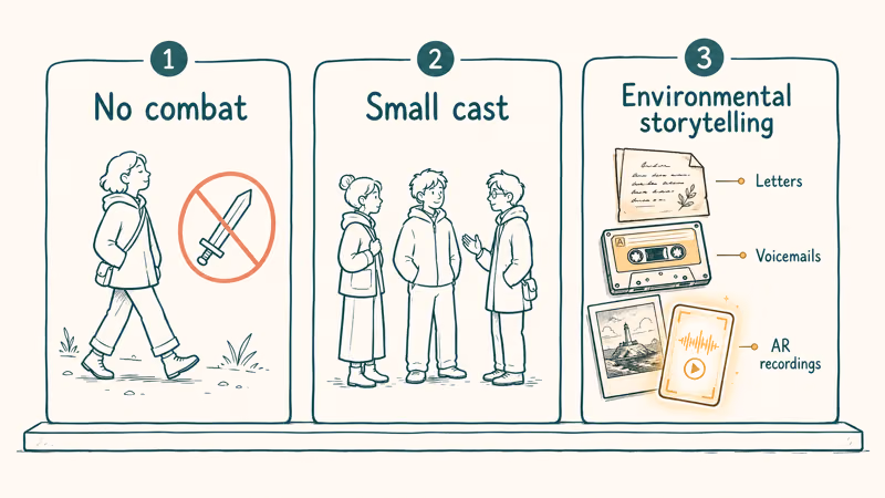 Three pillars of Firewatch style games no combat small cast environmental storytelling