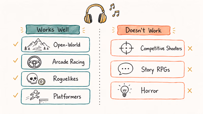 Hand-drawn comparison of game genres that pair well or poorly with personal music