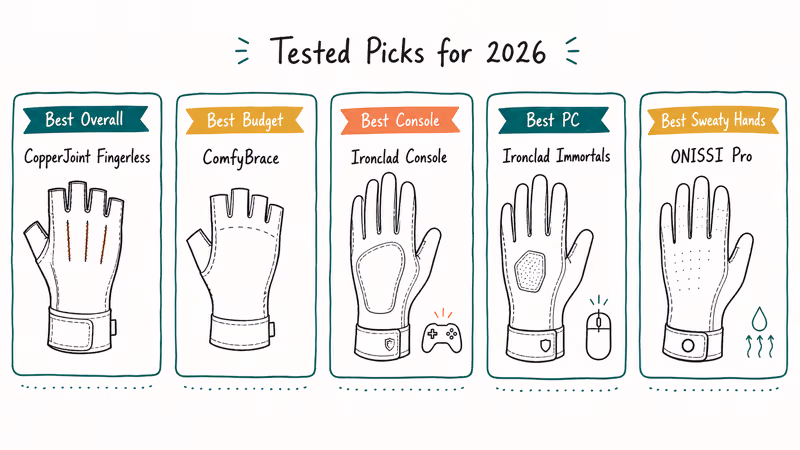 Five gaming glove picks labeled overall budget console PC and sweaty hands