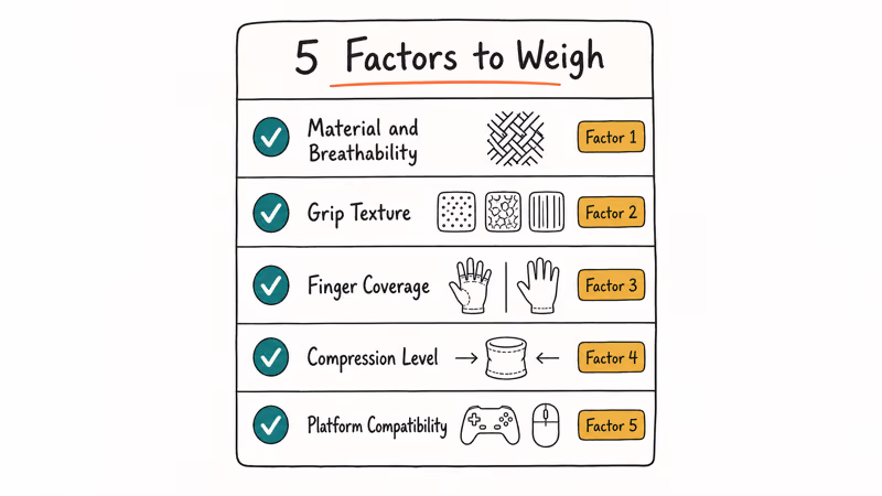 Hand-drawn checklist showing the five buying factors material grip coverage compression and platform compatibility
