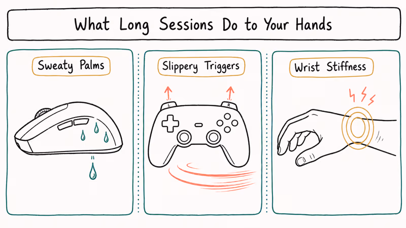 Three-panel diagram showing sweaty palms slippery triggers and wrist stiffness as gaming session problems