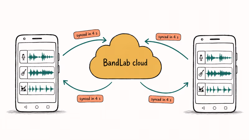 Two Android phones syncing music through BandLab cloud with sync tag