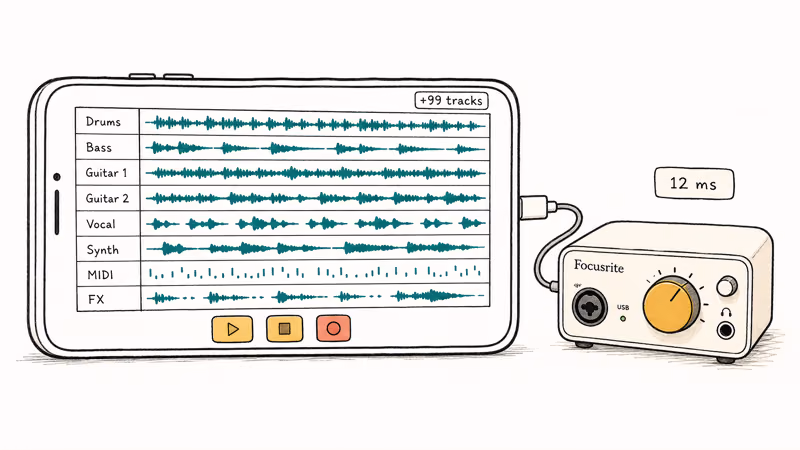 Landscape Android DAW tracks connected to audio interface with latency tag