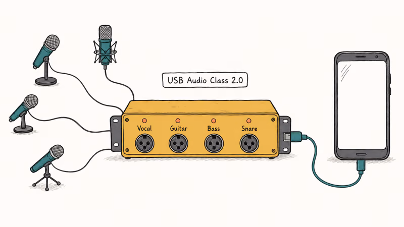 Four-channel audio interface routing vocal guitar bass and snare into Android phone