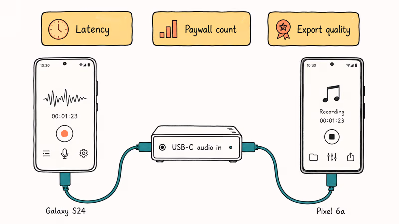 Two Android phones connected to audio interface with latency and export test cards