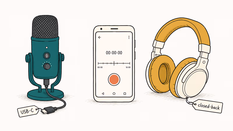 USB-C microphone headphones and Android phone arranged as mobile recording starter kit