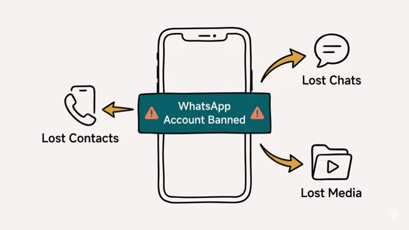 WhatsApp ban warning on a phone screen with chain reaction of lost contacts, chats, and media