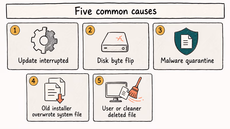 Hand-drawn grid illustrating five causes of gdiplus.dll corruption from updates malware and cleaners