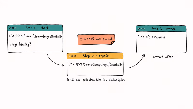 Hand-drawn flow showing DISM CheckHealth then RestoreHealth then sfc scannow recovery sequence