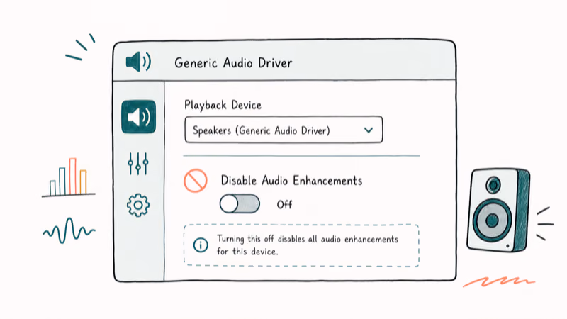 Hand-drawn illustration: Disable Audio Enhancements