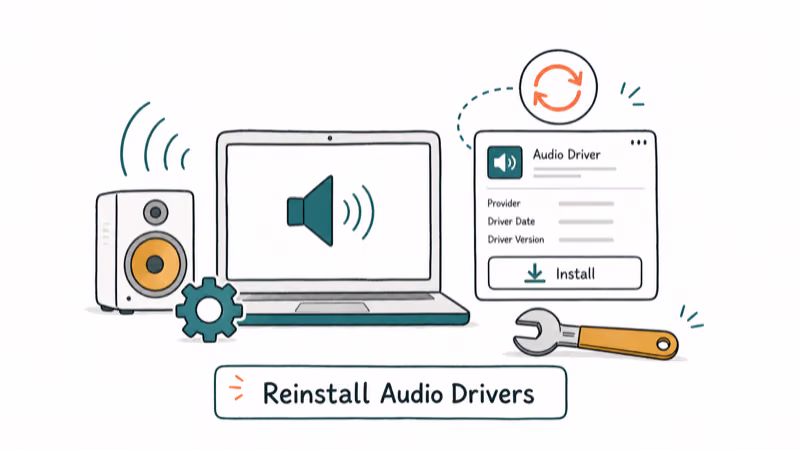 Hand-drawn illustration: Reinstall Audio Drivers