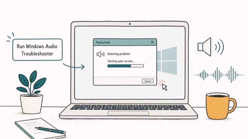 Hand-drawn illustration: Run Windows Audio Troubleshooter