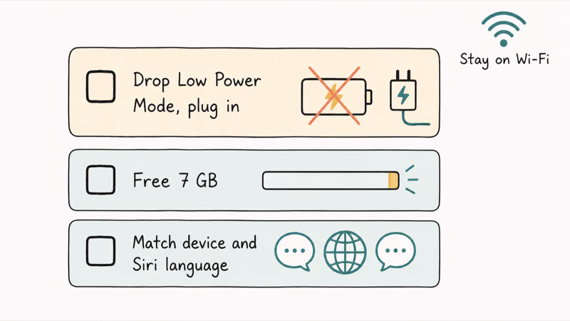 Checklist of three settings to clear a stuck Apple Intelligence download on iOS 27