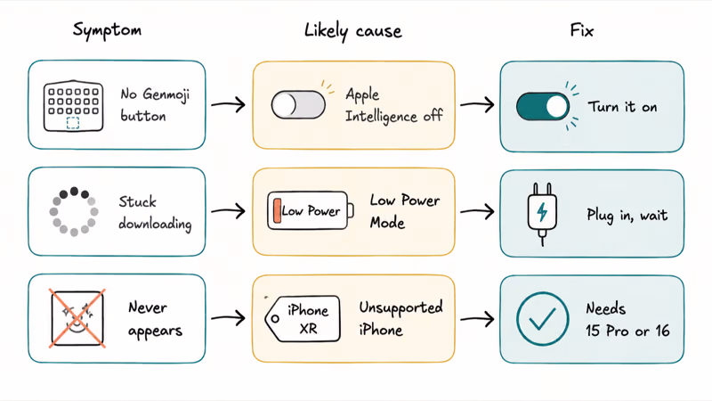 Flowchart mapping Genmoji and Image Playground symptoms to their likely causes and fixes