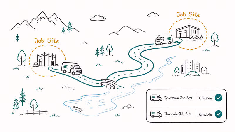 Delivery vans tracked against job-site geofence zones on a route map