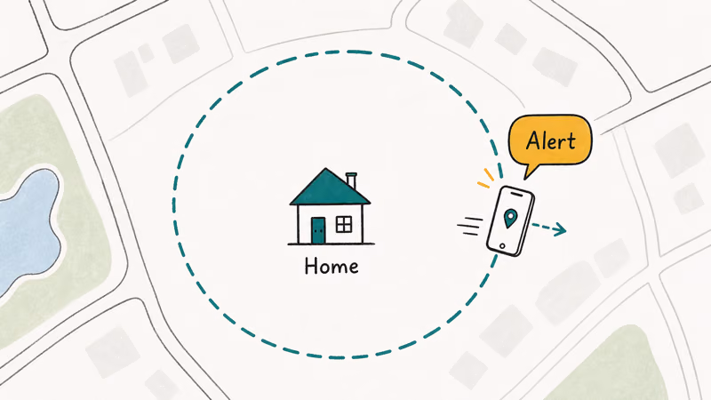 Map showing a virtual geofence circle around a home triggering an alert