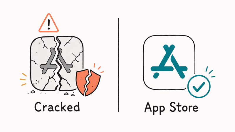Cracked app warning contrasted with a safe App Store download