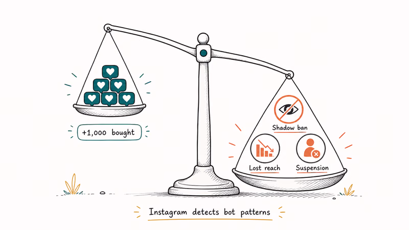 Balance scale weighing 1000 bought likes against shadow ban reach loss account suspension and bot detection