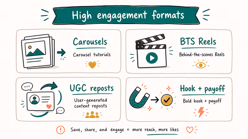 Four content format tiles for carousels behind-the-scenes Reels UGC reposts and hook payoff with engagement banner