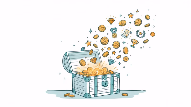 Treasure chest opening with loot rewards and coins floating out