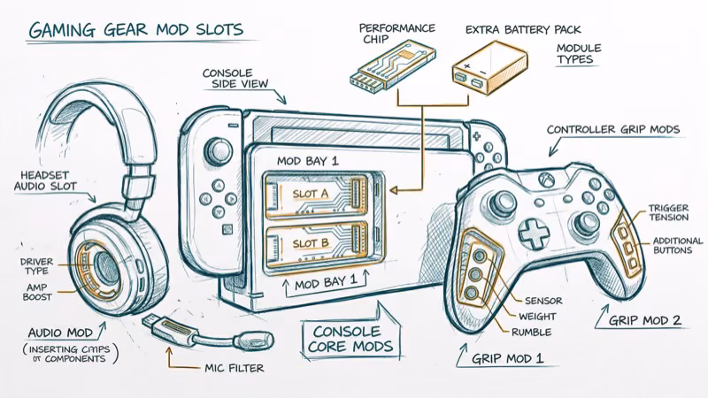 Gaming gear and mod slots showing equipment loadout options