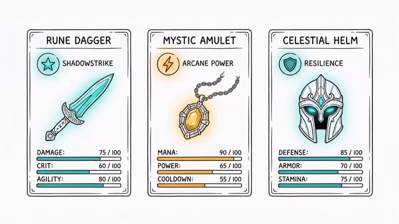 Collectible items with glowing perk icons and stat bars