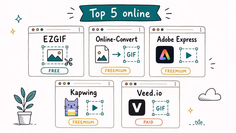 Five online GIF cropper tool tiles for EZGIF Online-Convert Adobe Express Kapwing and Veed.io with price pills