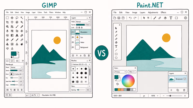 Side-by-side cards comparing the GIMP and Paint.NET editor interfaces