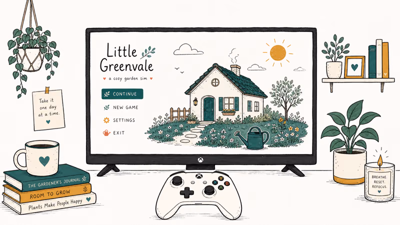 Cozy cottage and garden scene shown on a TV with an Xbox controller