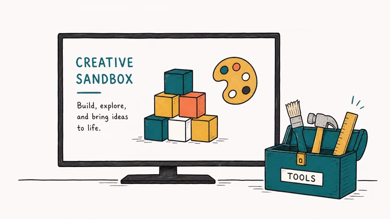 TV screen showing building blocks and creative tools for sandbox games