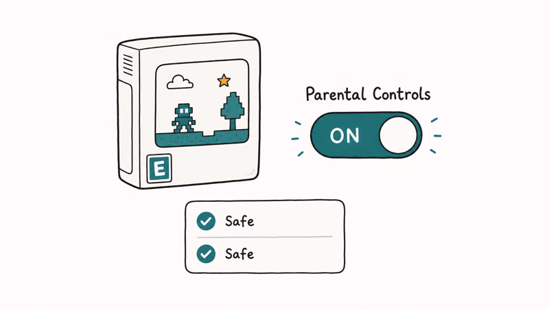 Game case with age rating badge and parental controls for family safety