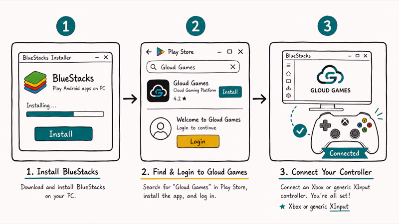 Three-step desktop flow installing BlueStacks downloading Gloud Games and pairing an Xbox controller