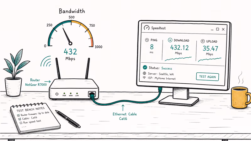 Test bench showing router, ethernet, and bandwidth gauge for cloud gaming