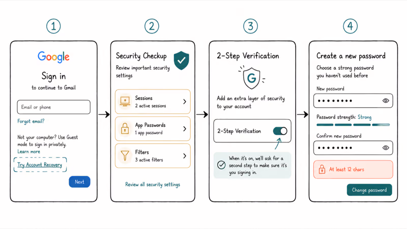 Four-panel flow regaining a hacked Gmail account through recovery security checkup two-step and new password