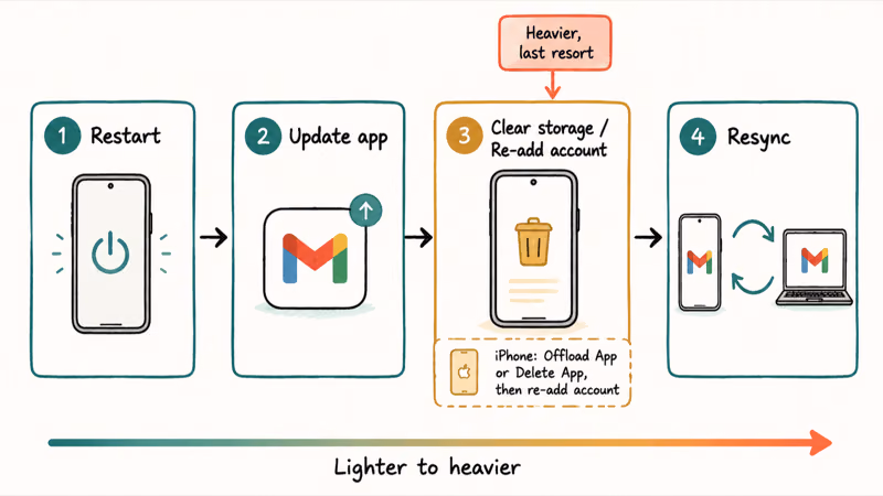 Ordered Gmail sync reset steps from restart to update to clearing app storage